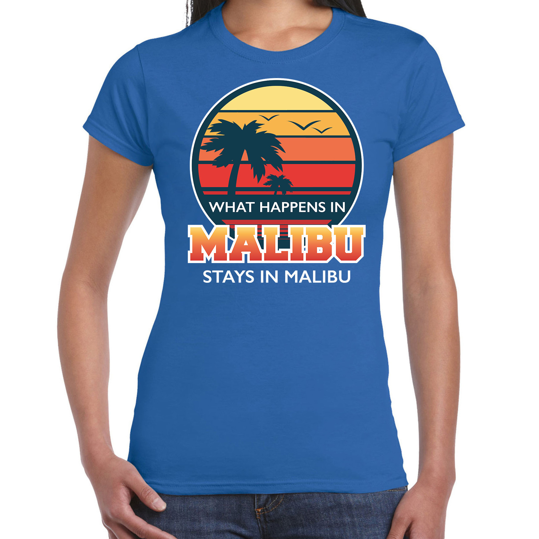 Malibu zomer t-shirt / shirt What happens in Malibu stays in Malibu blauw voor dames XS - Top Merken Winkel
